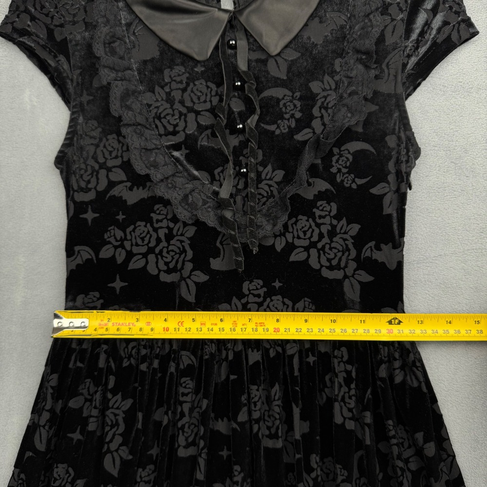 KILLSTAR Black Velvet Rose Bat Print Peter Pan Collar Dress XS Goth Witch - Picture 4 of 7